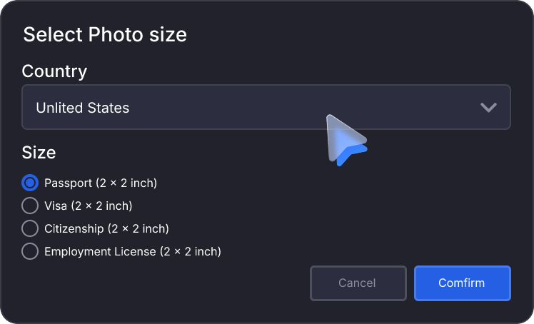 Select Country and Photo Size